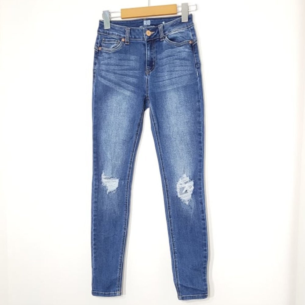 💕RIO Blue Mid Rise Push Up Cotton-Blend Distressed Classic Skinny Jeans Size 1